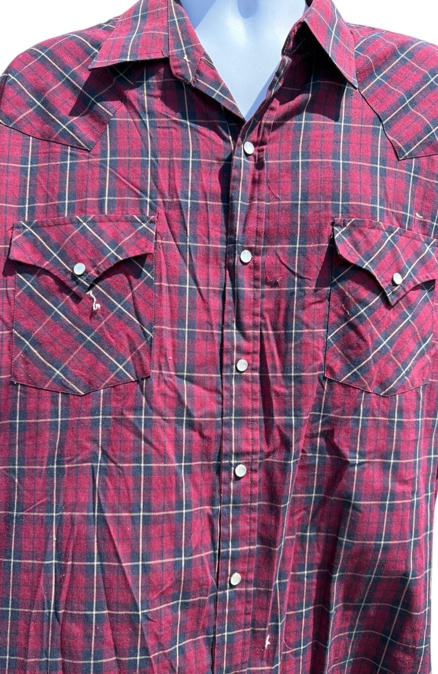 VTG Plains Western Wear Short Sleeve Pearl Snap Shirt Mens XL Red Plaid Cowboy